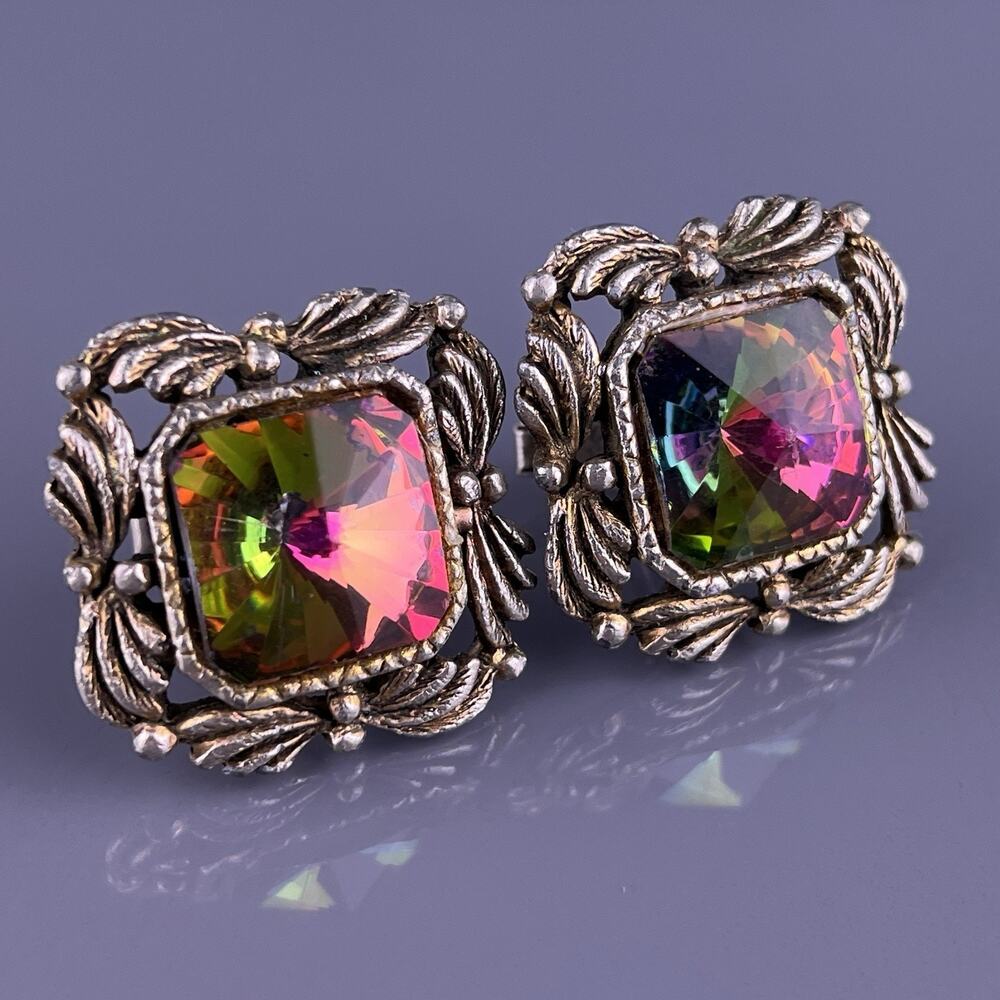 Huge Watermelon Rivoli Rhinestone Cufflinks Silver Tone Pink Green REPAIRED Vtg